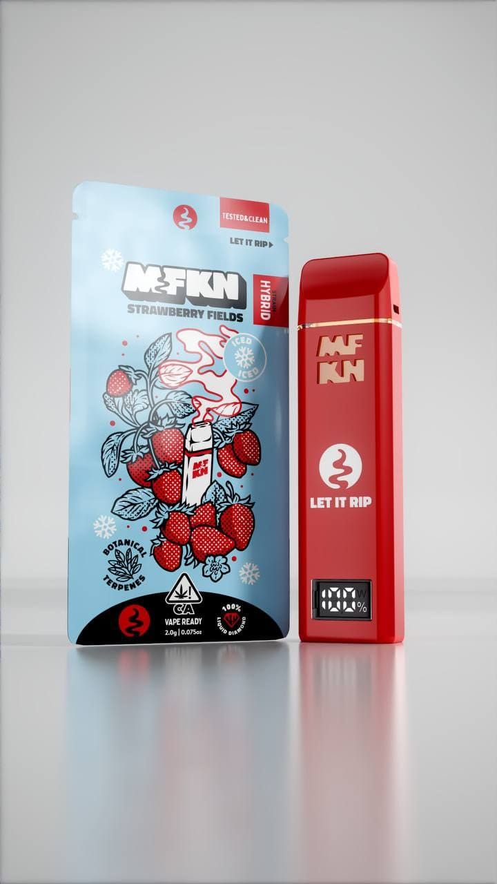 MFKN Disposable 2G Strawberry Fields vape featuring sweet juicy strawberry flavor, smooth performance, and compact premium disposable design